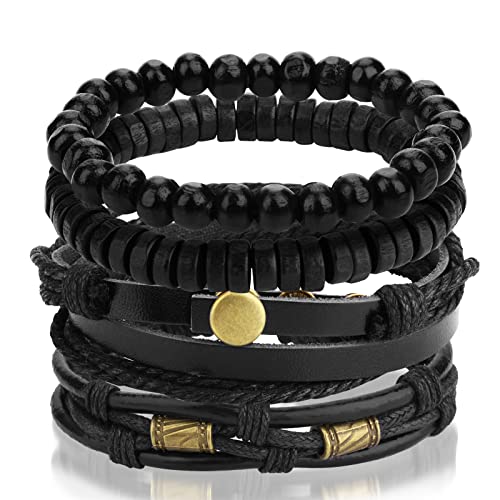 Geflochtenes Lederarmband-Set in Schwarz/Braun, verstellbar.